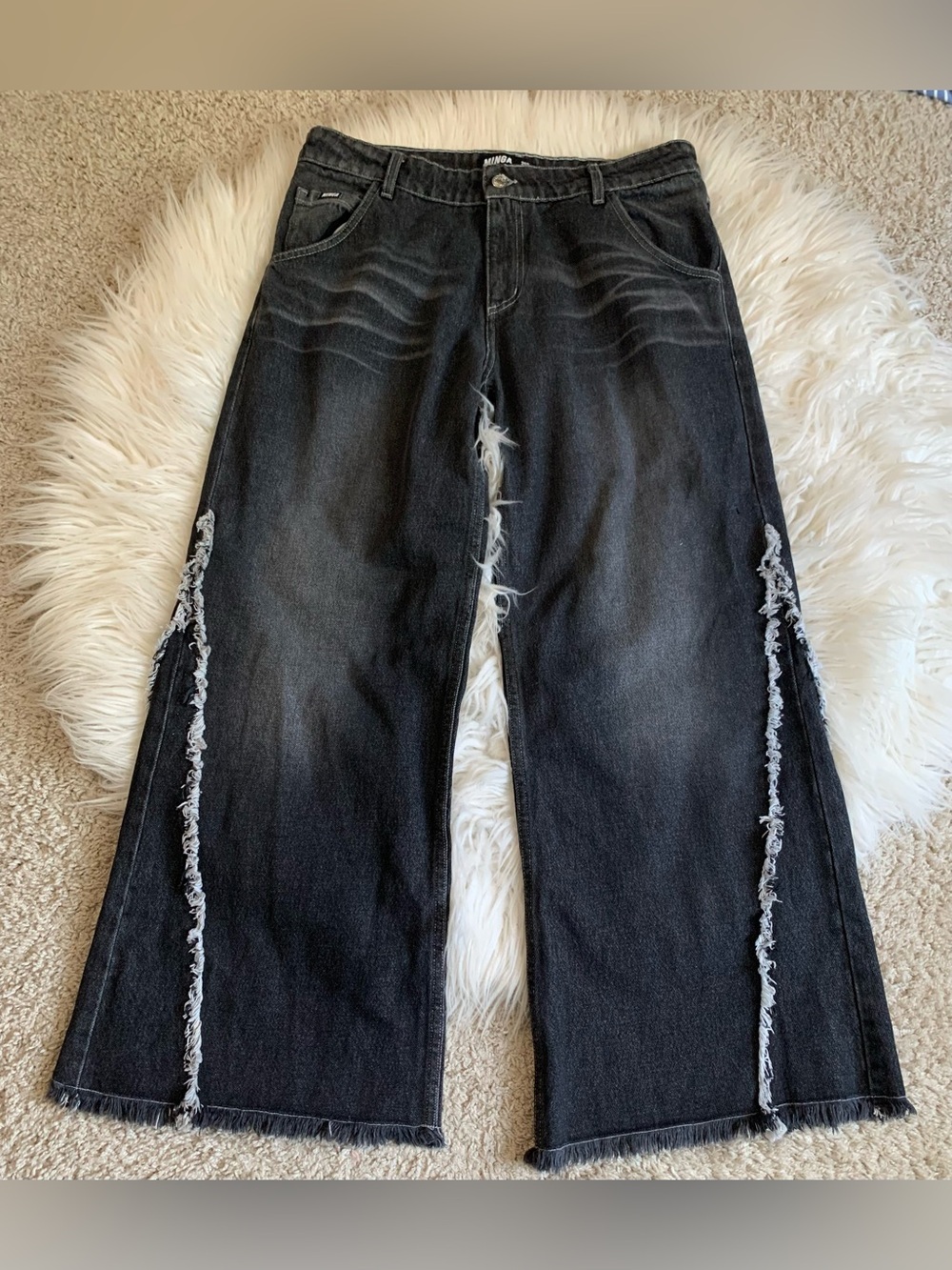 Minga London Wide Leg Jeans Black Frayed Size 4